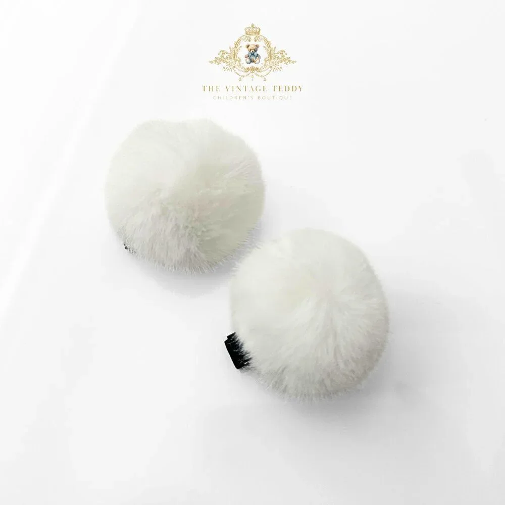 Cute Girls Pom Pom Hair Clips Boutique Hair Accessories for Girls Faux Fur White